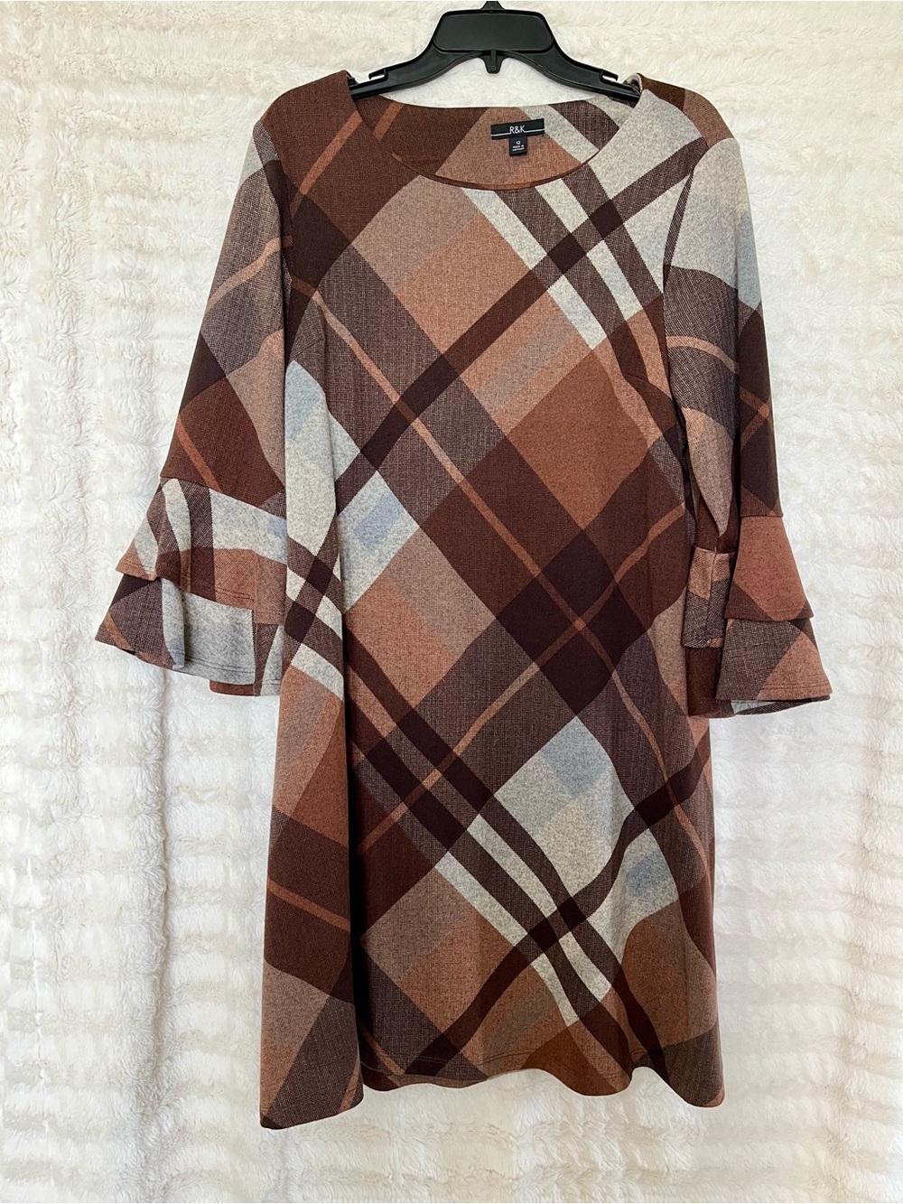 R&K Originals Brown Plaid Ruffle-Sleeve Dress (Size 12)